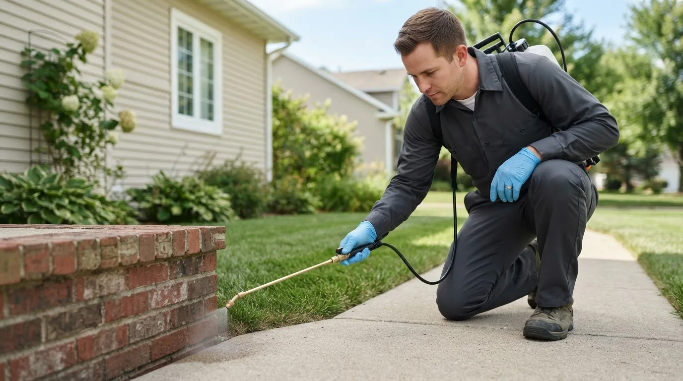 Pest control technician treating a home near Dover, OH